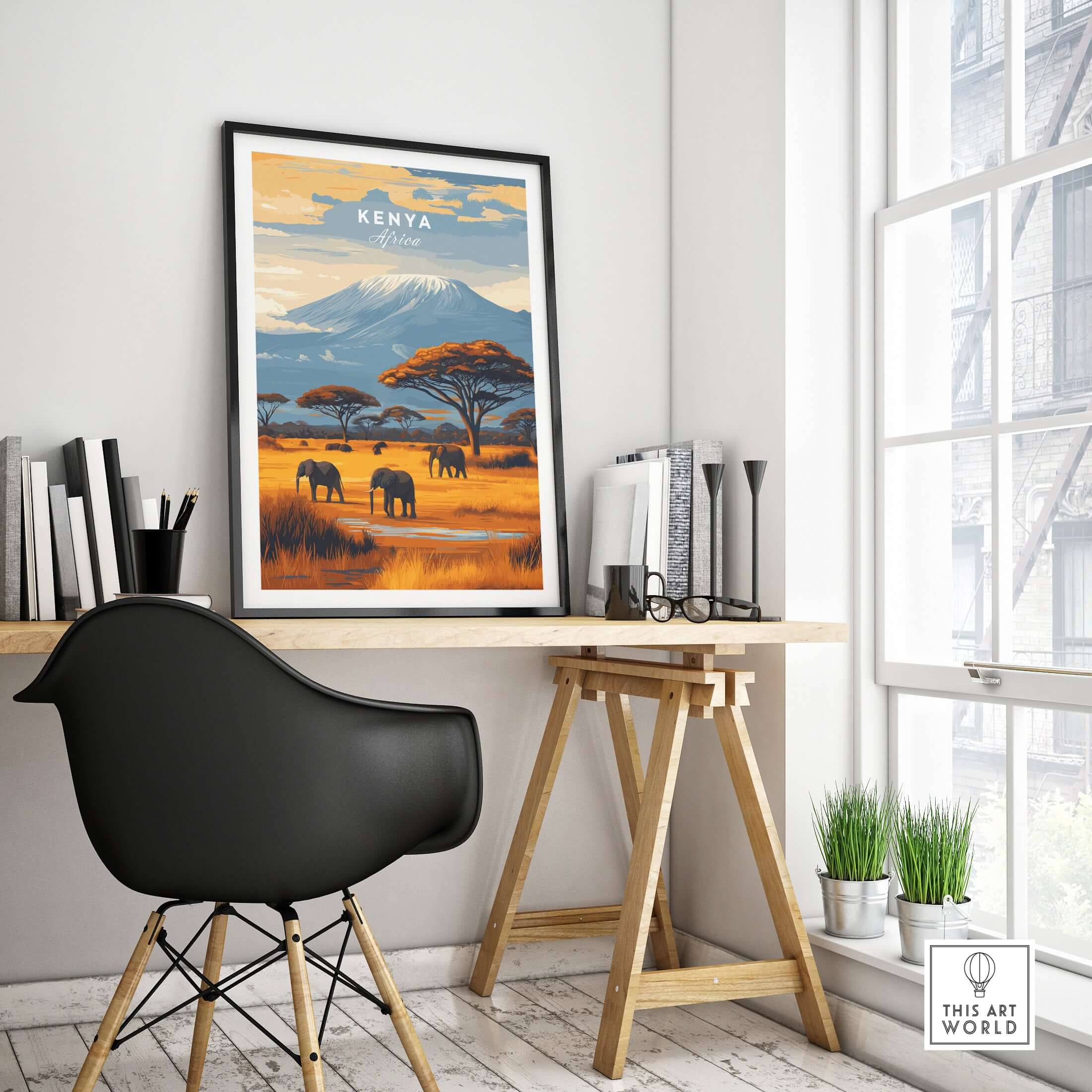 Kenya Africa Elephant Safari Poster - Wildlife Mountain Art Print displayed in a modern office setting with a black chair.