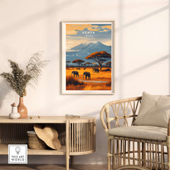 Kenya Africa Elephant Safari Poster - Wildlife Mountain Art Print displayed in a modern living room setting.