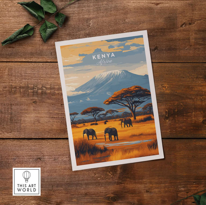 Kenya Africa elephant safari poster featuring mountain landscape and wildlife, ideal for nature lovers and travelers.