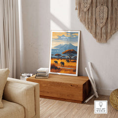 Kenya Africa Elephant Safari Poster - Wildlife Mountain Art Print displayed in a cozy living room setting.