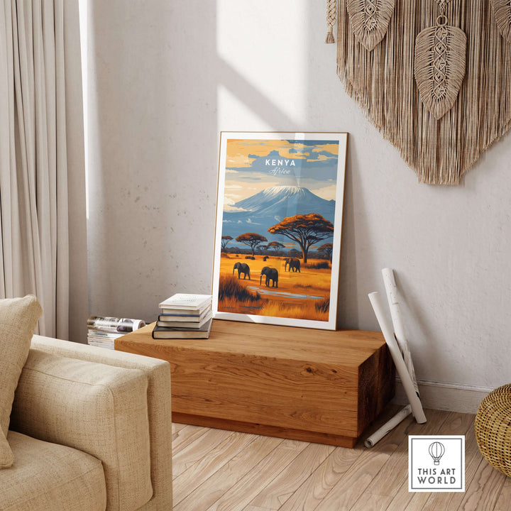 Kenya Africa Elephant Safari Poster showcasing wildlife and mountains in a cozy living room setting.