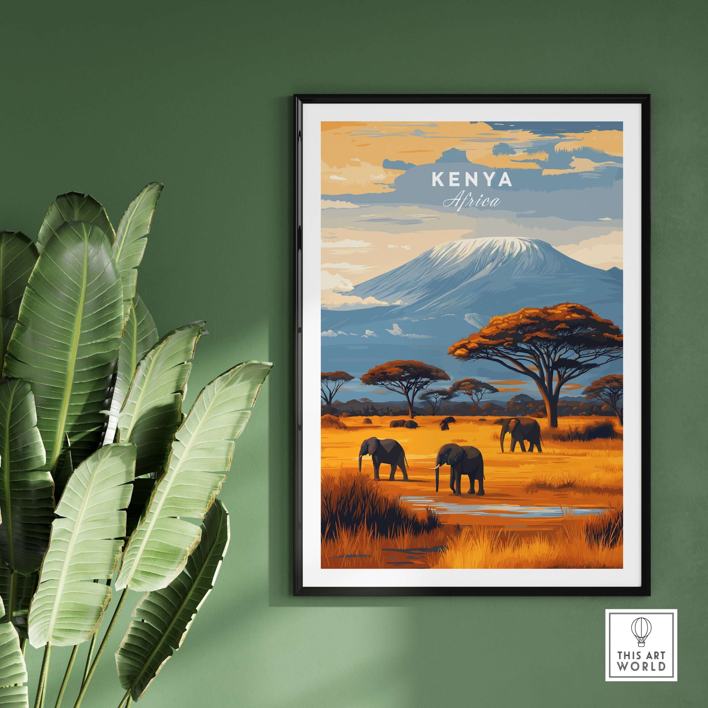 Kenya Africa Elephant Safari Poster - Wildlife Mountain Art Print displayed with green wall and plants.