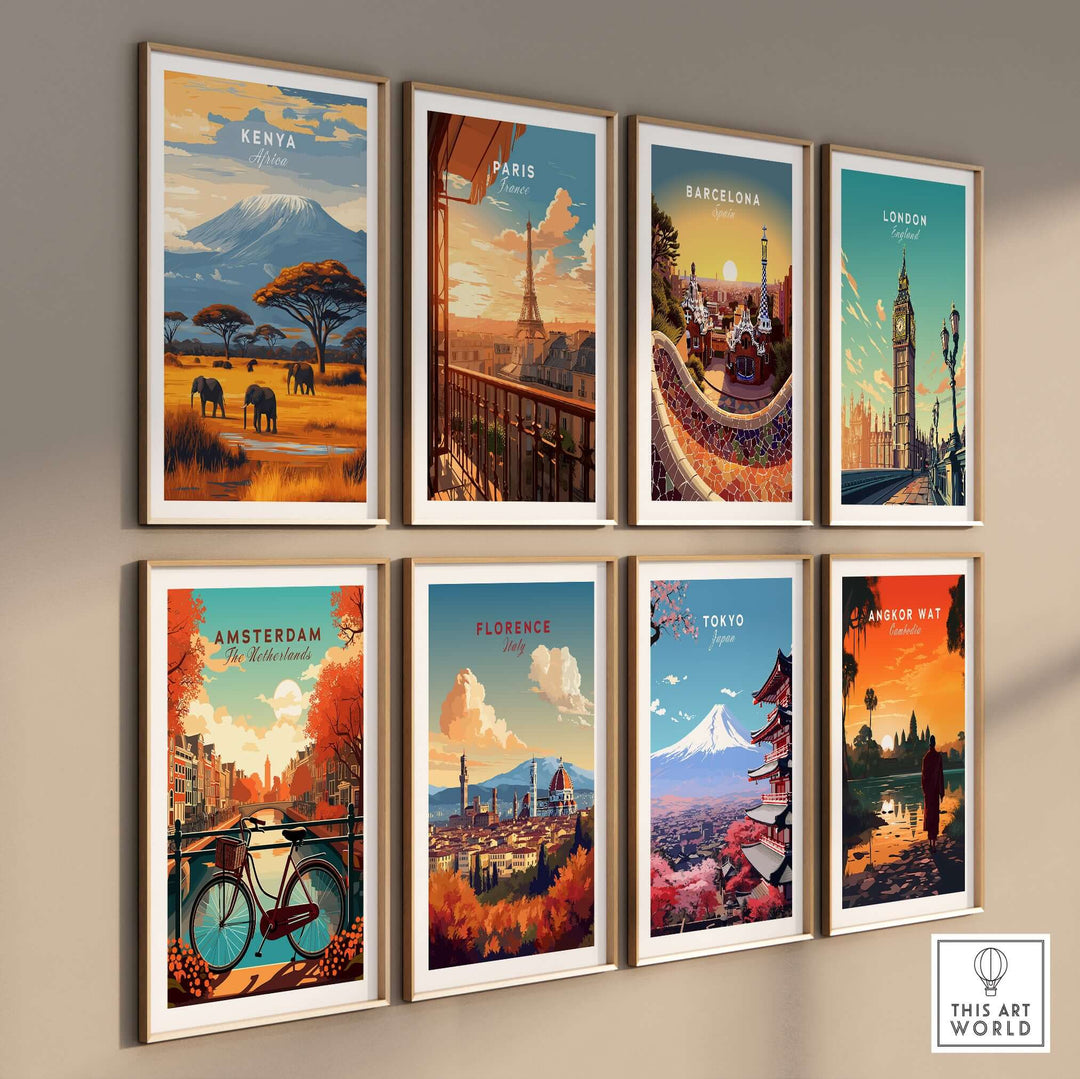 Collection of vibrant city posters including Kenya, Paris, Barcelona, London, Amsterdam, Florence, Tokyo, and Angkor Wat.