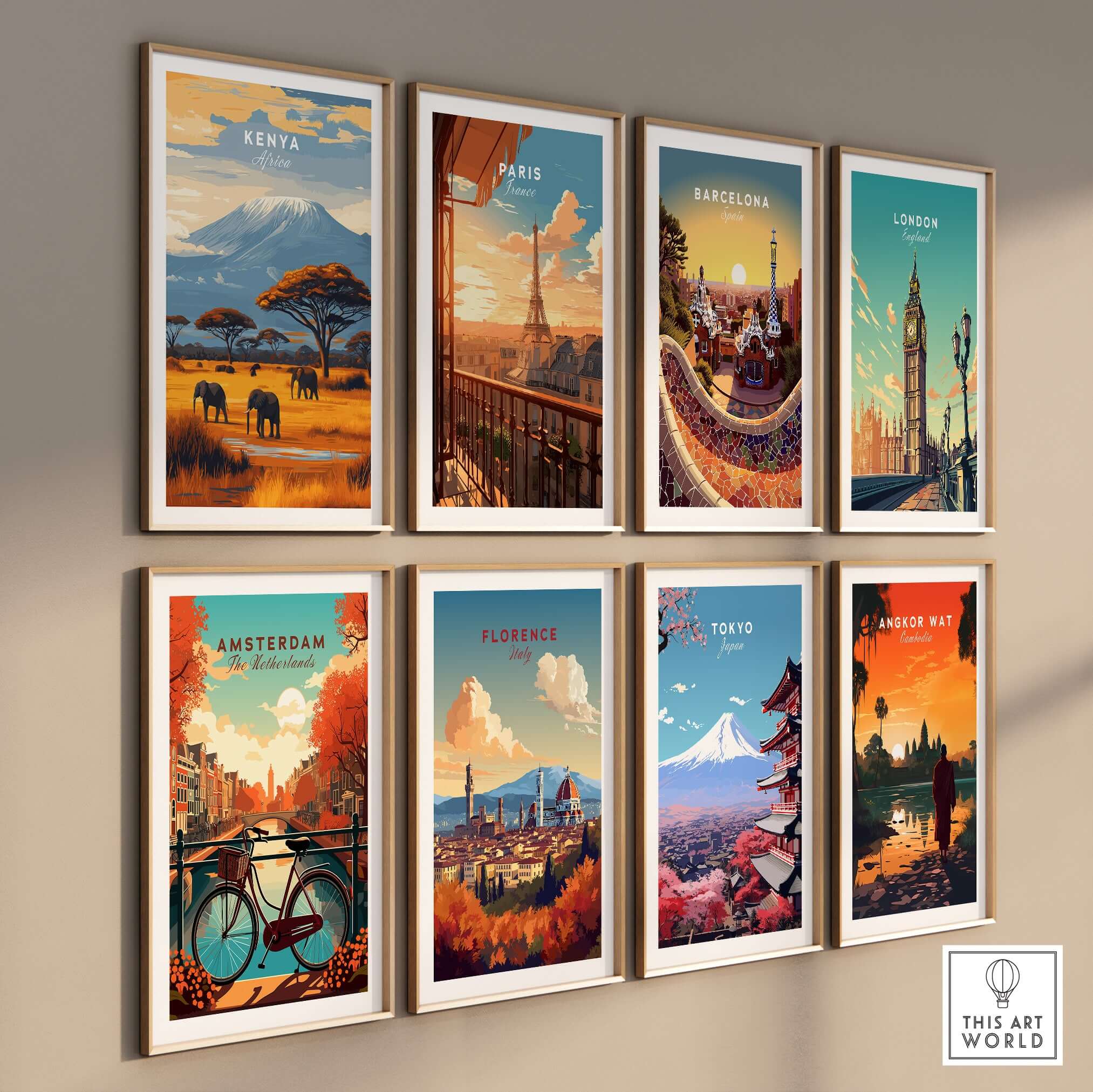 Kenya Africa Elephant Safari Poster - Wildlife Mountain Art Print featuring elephants and mountains in a vibrant wall art collection.