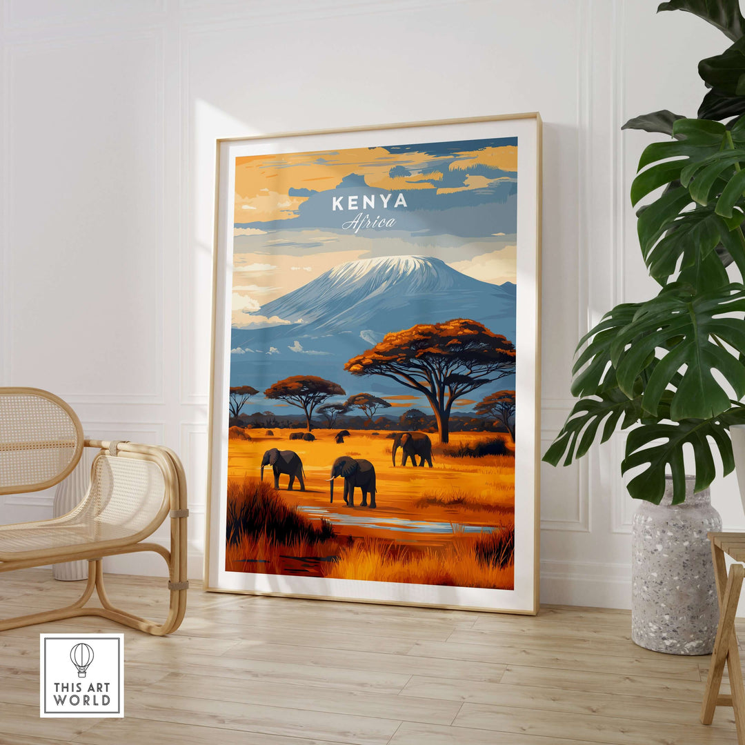Kenya Africa Elephant Safari Poster featuring mountain and wildlife art for nature lovers and travelers.