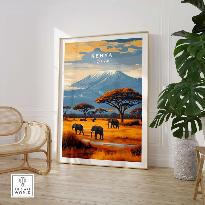 Kenya Africa Elephant Safari Poster featuring mountain and wildlife art for nature lovers and travelers.