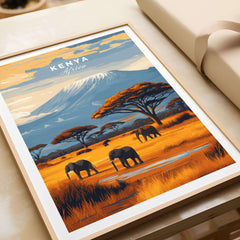 Kenya Africa Elephant Safari Poster - Wildlife Mountain Art Print featuring elephants and mountains in vibrant colors.
