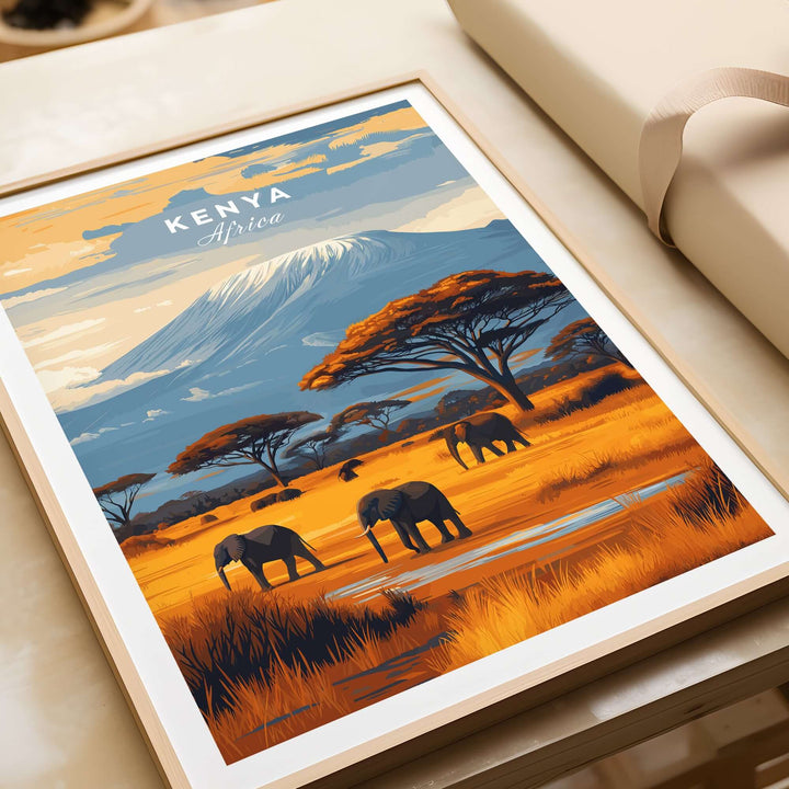 Kenya Africa elephant safari poster with majestic mountains and wildlife, showcasing stunning art for nature lovers.