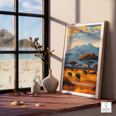 Kenya Africa Elephant Safari Poster - Wildlife Mountain Art Print displayed in a bright room with mountains and elephants.