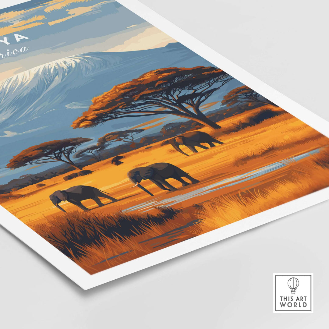 Kenya Africa Elephant Safari Poster featuring elephants in a vibrant landscape with mountains and acacia trees.