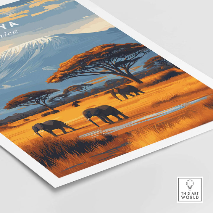 Kenya Africa Elephant Safari Poster featuring elephants in a vibrant landscape with mountains and acacia trees.