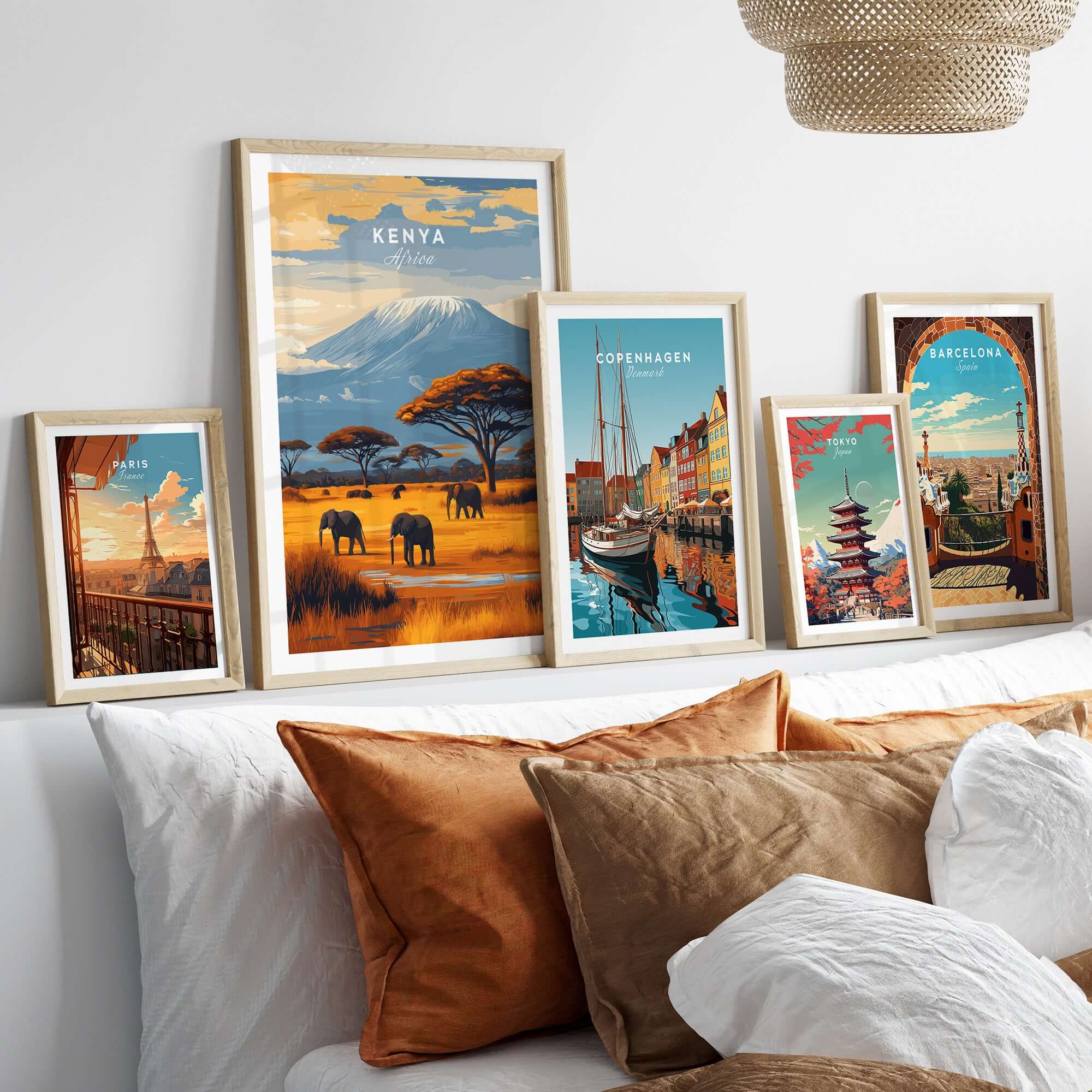 Kenya Africa Elephant Safari Poster - Wildlife Mountain Art Print displayed among other travel art prints.