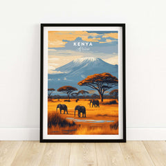 Kenya Africa Elephant Safari Poster - Wildlife Mountain Art Print featuring elephants and scenic mountain backdrop.