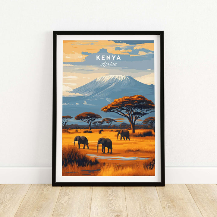 Kenya Elephant Safari Poster featuring majestic elephants against a mountain backdrop in warm tones.
