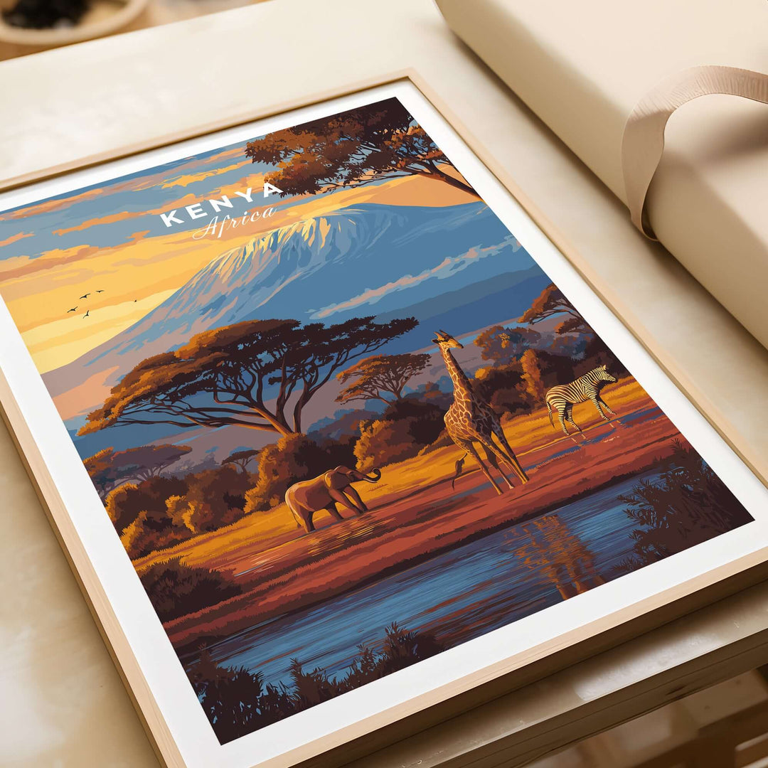 Kenya Africa Giraffe Zebra Poster featuring wildlife art and landscape, perfect for animal lovers and home decor.