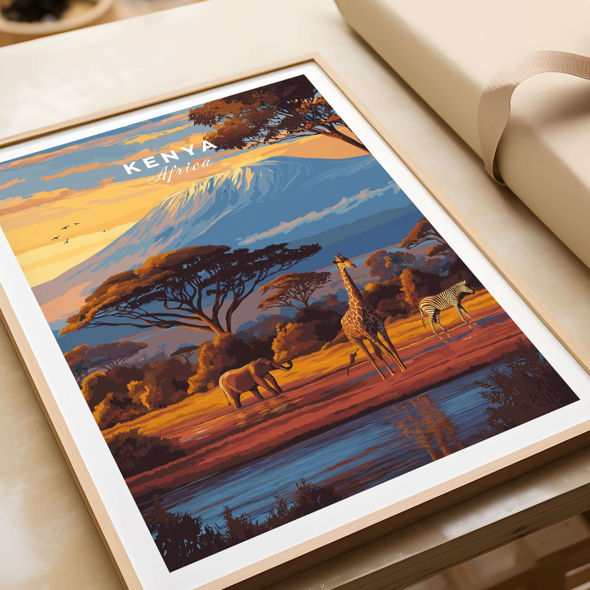 Kenya Africa Giraffe Zebra Poster - African Wildlife Art Print featuring giraffes and zebras in a vibrant landscape.