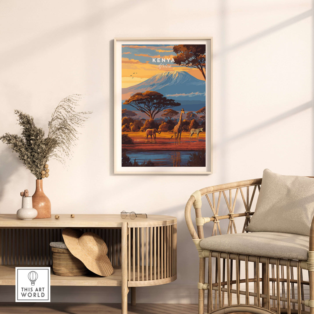 Kenya giraffe and zebra wildlife art print displayed in home decor, showcasing African beauty and nature.