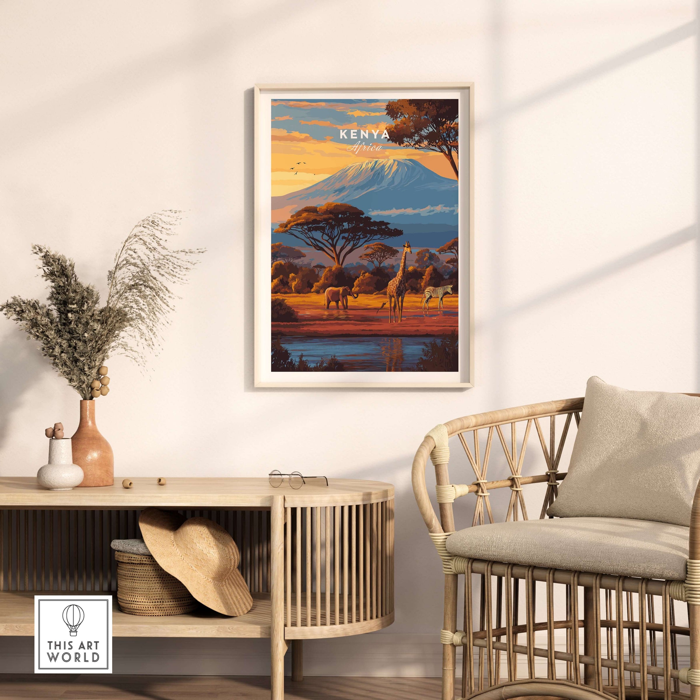 Kenya Africa Giraffe Zebra Poster - African Wildlife Art Print displayed in a home interior setting with tropical decor.