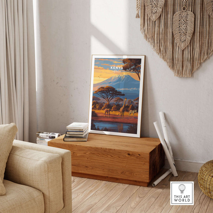 Kenya Giraffe Zebra Poster displayed in a cozy living room, showcasing stunning African wildlife art.