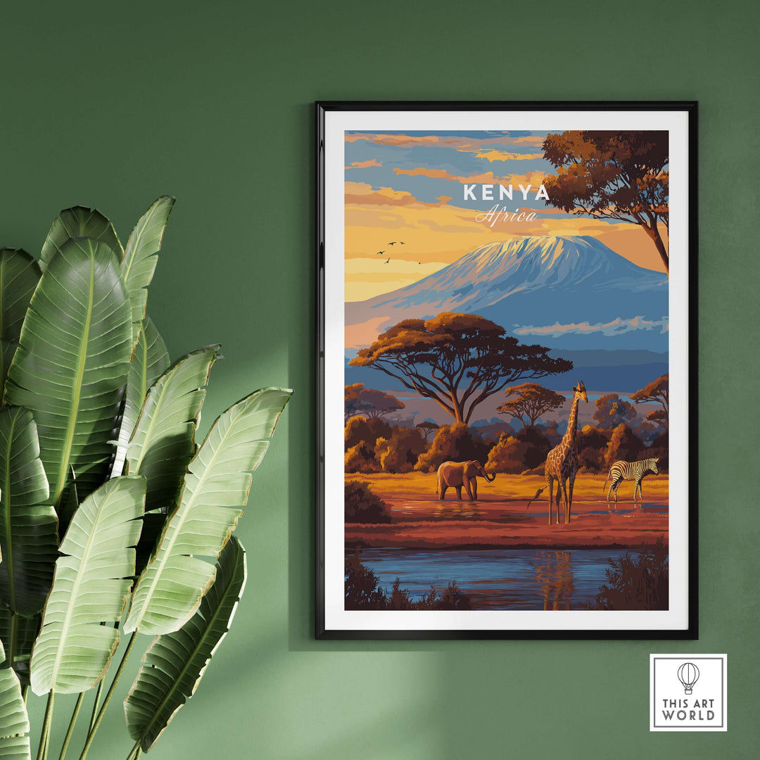 Kenya Africa Giraffe Zebra poster featuring wildlife art and Mount Kilimanjaro, ideal for home decor.
