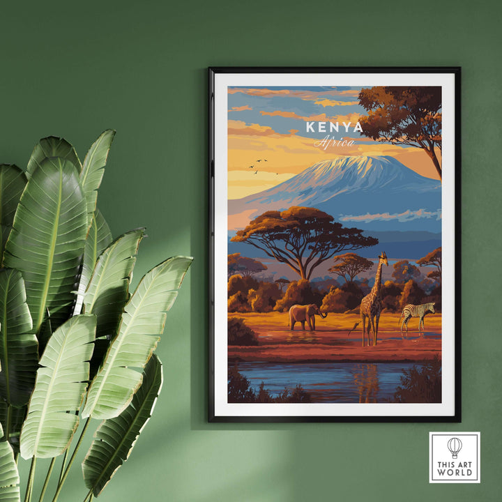 Kenya Africa Giraffe Zebra poster featuring wildlife art and Mount Kilimanjaro, ideal for home decor.