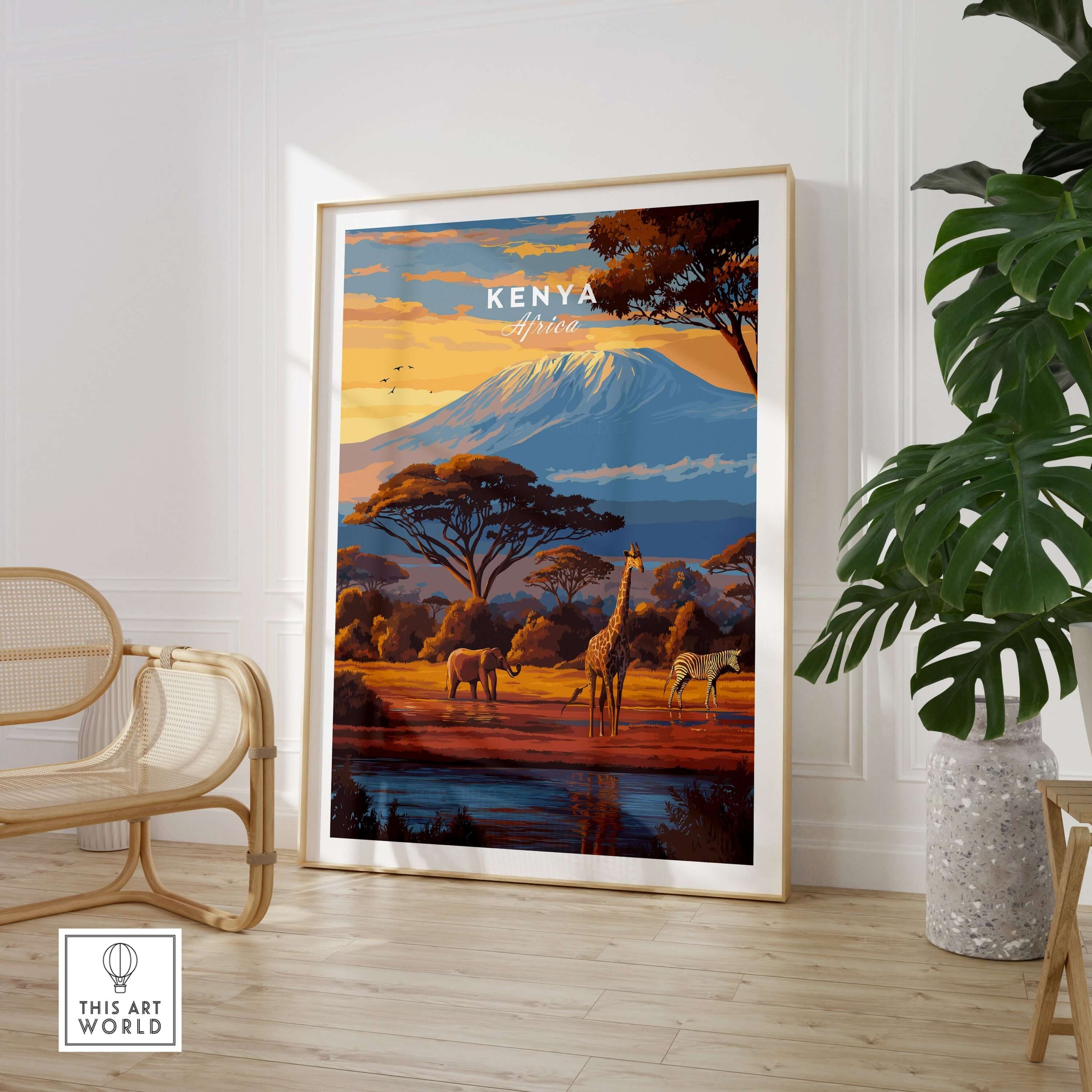 Kenya Africa Giraffe Zebra Poster - African Wildlife Art Print displayed in a modern interior setting with plants.