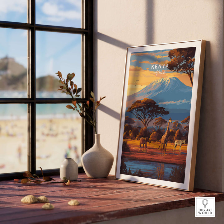 Kenya Africa Giraffe Zebra poster displayed on a wooden table by the window, showcasing stunning wildlife art.