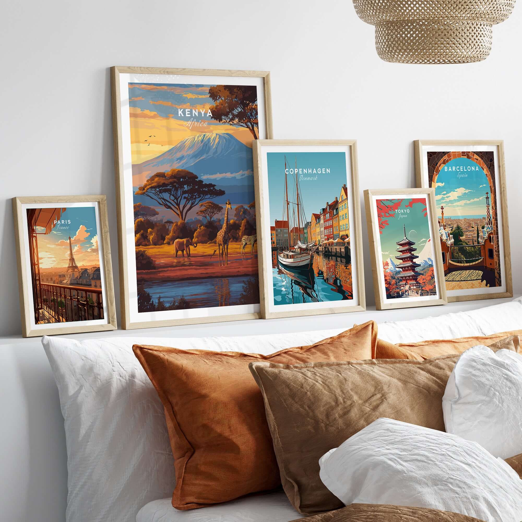 Kenya Africa Giraffe Zebra Poster - African Wildlife Art Print displayed in a stylish living room setting with other art prints.