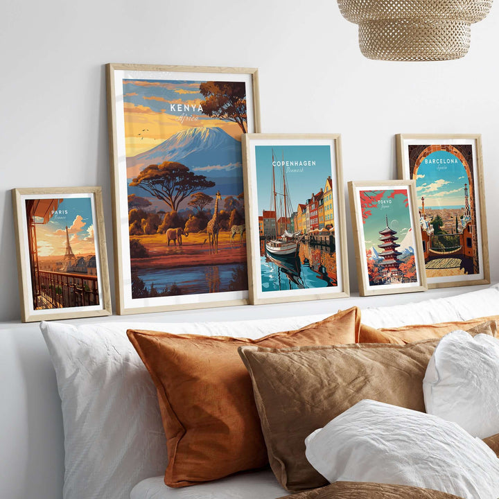 Kenya Africa Giraffe Zebra Poster in a stylish home decor setting with framed art prints.