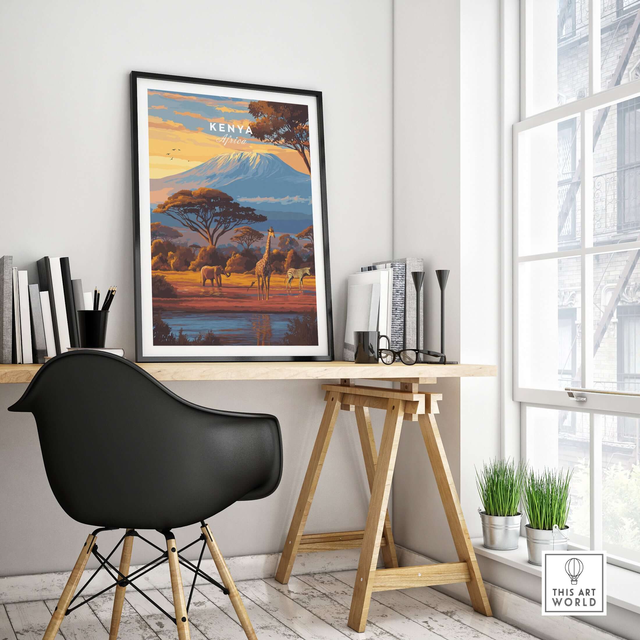 Kenya Africa Giraffe Zebra Poster - African Wildlife Art Print displayed in a modern home office setting.