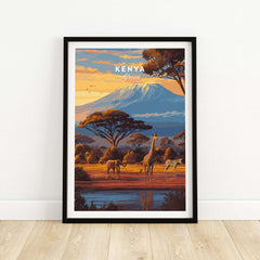 Kenya Africa Giraffe Zebra Poster - African Wildlife Art Print featuring elephants, giraffes, and Mount Kilimanjaro.