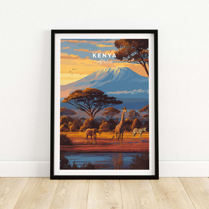 Kenya Africa poster featuring giraffes, zebras, and Mount Kilimanjaro in a colorful wildlife scene.