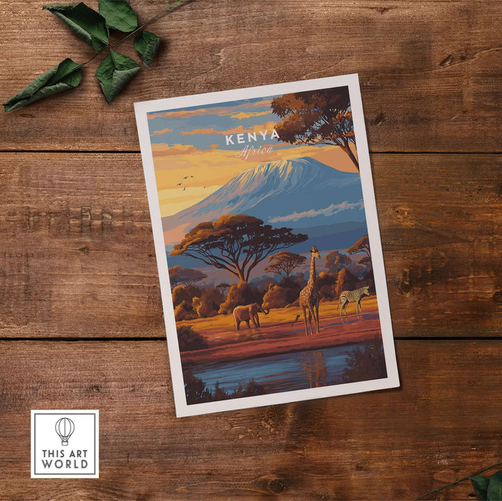 Kenya Africa wildlife art print featuring giraffes and mountain landscape, perfect for home decor.