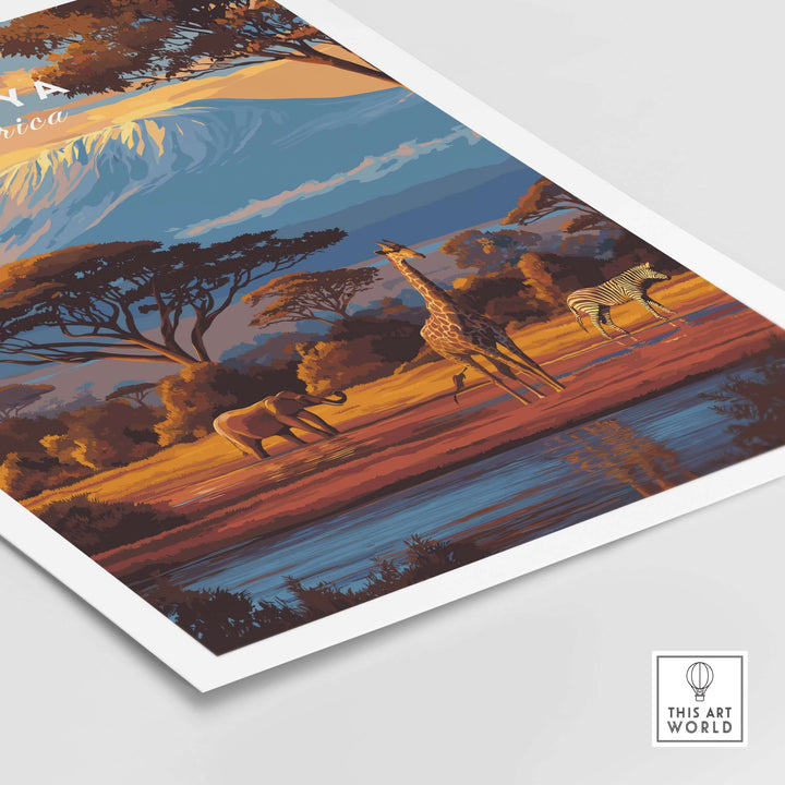 Kenya Africa Giraffe Zebra Poster, vibrant wildlife art print featuring giraffes, zebras, and elephants in scenic landscape.