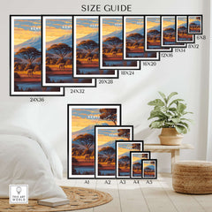 Kenya Africa Giraffe Zebra Poster - African Wildlife Art Print size guide featuring various frame sizes in a cozy home setting.