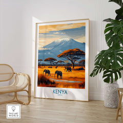 Kenya Kilimanjaro Print - African Landscape Travel Decor featuring elephants and a stunning mountain backdrop.