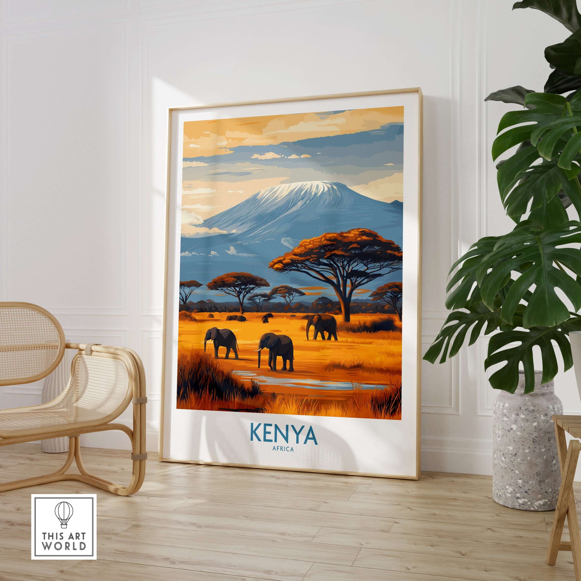 Kenya Kilimanjaro Print - African Landscape Travel Decor featuring elephants and a stunning mountain backdrop.