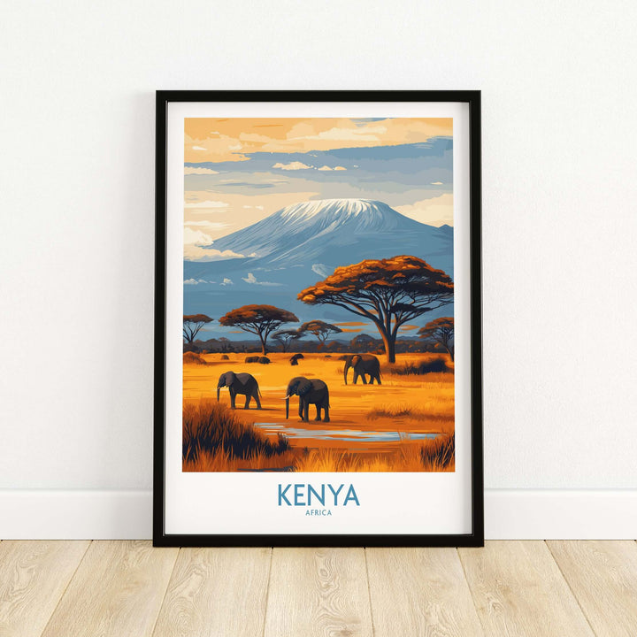 Kenya Kilimanjaro print featuring elephants in an African landscape, ideal travel decor for nature lovers.