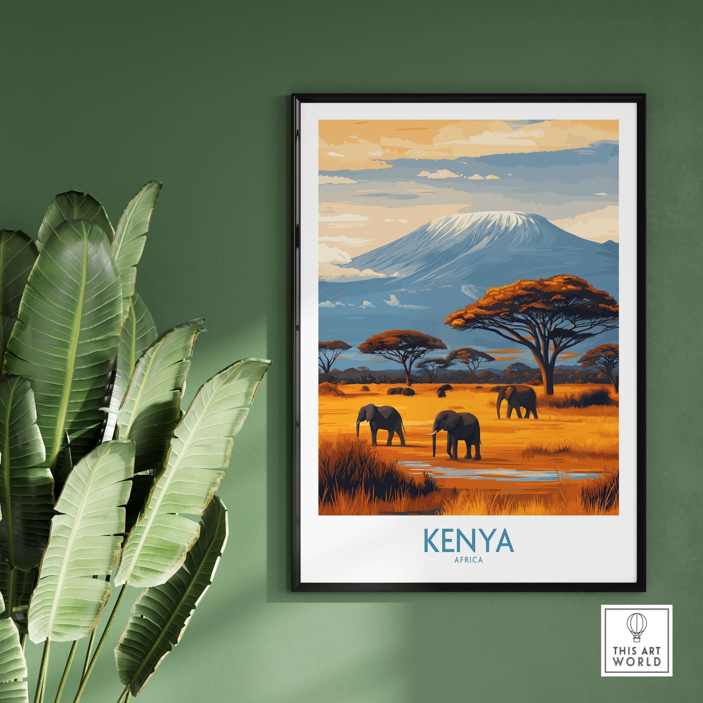 Kenya Kilimanjaro Print - African Landscape Travel Decor featuring elephants and Mount Kilimanjaro in a vibrant landscape.
