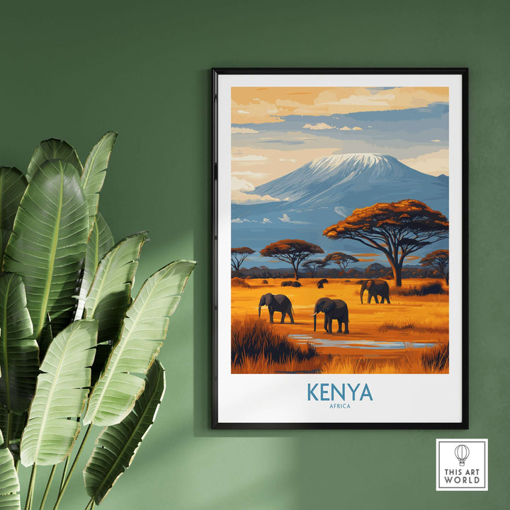 Kenya Kilimanjaro print showcasing elephants and vibrant landscapes, perfect for African travel decor.