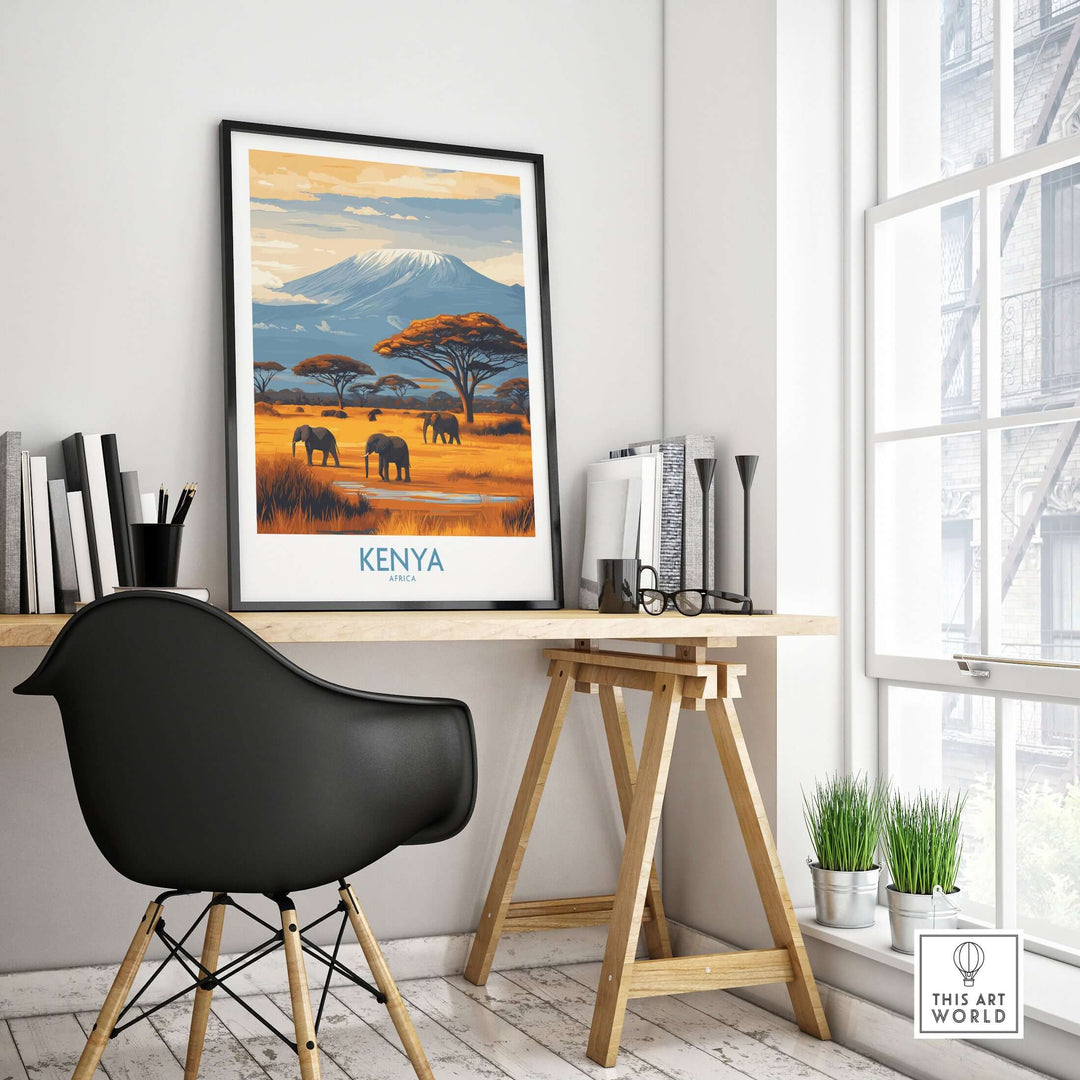 Kenya Kilimanjaro print in a stylish office, showcasing African landscape travel decor with elephants and vibrant colors.