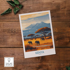 Kenya Kilimanjaro Print - African Landscape Travel Decor featuring elephants and majestic mountains.