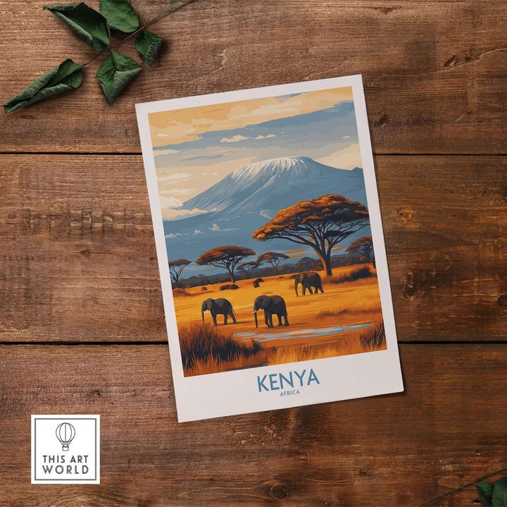 Kenya Kilimanjaro print featuring elephants in a vibrant African landscape on rustic wood background.