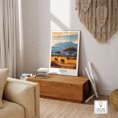 Kenya Kilimanjaro Print - African Landscape Travel Decor featuring elephants in a vibrant African landscape.
