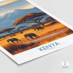 Kenya Kilimanjaro Print - African Landscape Travel Decor showcasing elephants in vibrant African landscape.