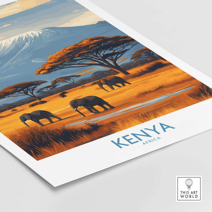 Kenya Kilimanjaro Print featuring elephants in an African landscape, perfect for travel decor.