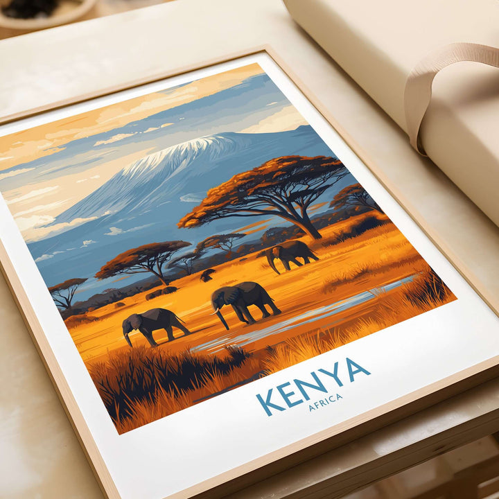 Kenya Kilimanjaro print showcasing elephants in vibrant African landscape decor for travel enthusiasts.