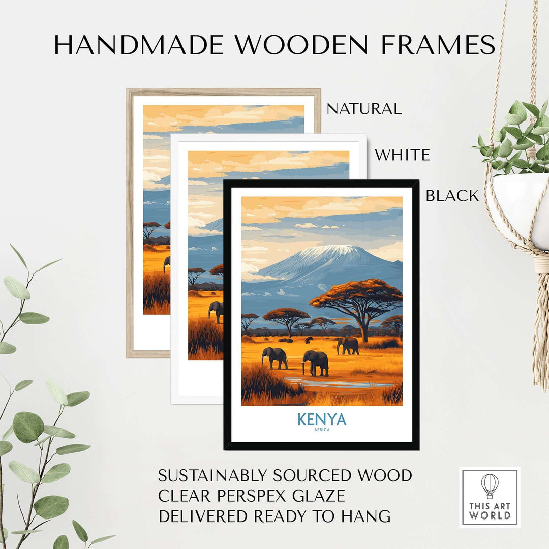 Kenya Kilimanjaro print framed in natural, white, and black handmade wooden frames, showcasing vibrant African landscape decor.