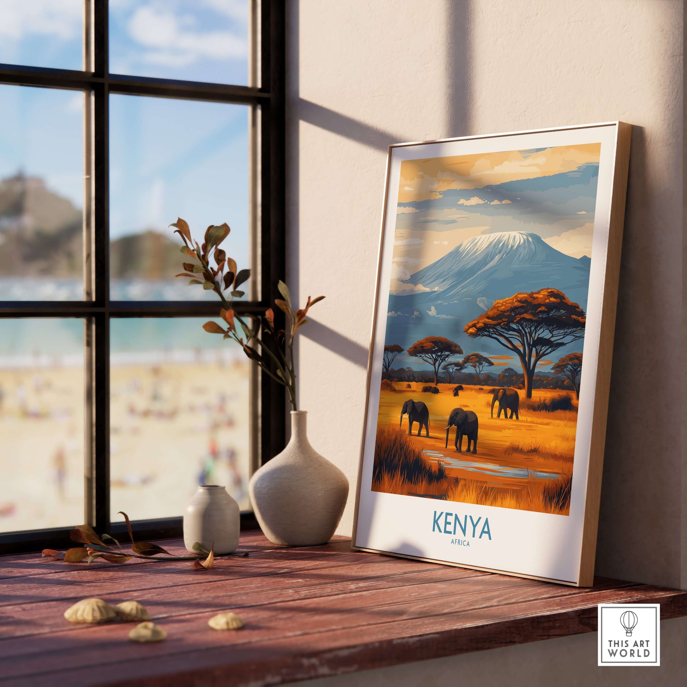 Kenya Kilimanjaro Print - African Landscape Travel Decor displayed on a wall near a sunny window with decorative elements.