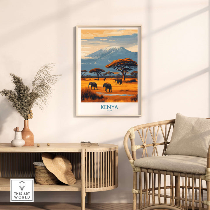 Kenya Kilimanjaro print featuring elephants and vibrant African landscape decor in a stylish interior setting.